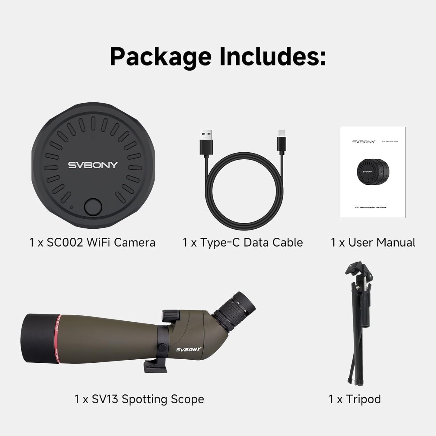 Svbony SV13 20-60x80 Spotting Scope met SC002 WiFi Spotting Scope Camera, Tafelstatief, HD FMC Optiek, Waterdichte Nevelvrij, Spotting Scopes met Telefoon Adapter voor Vogels kijken