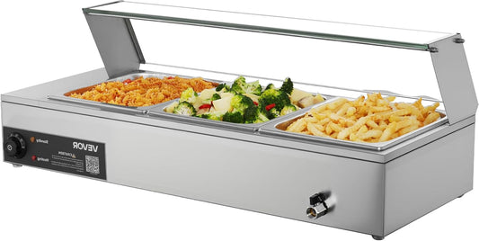 Voedselwarmer – Elektrische Warmer – Buffetverwarmer – Warmhoudpan – Stoomtafel – Roestvrij Staal – 1500 W – 3 Containers met Glazen Deksel