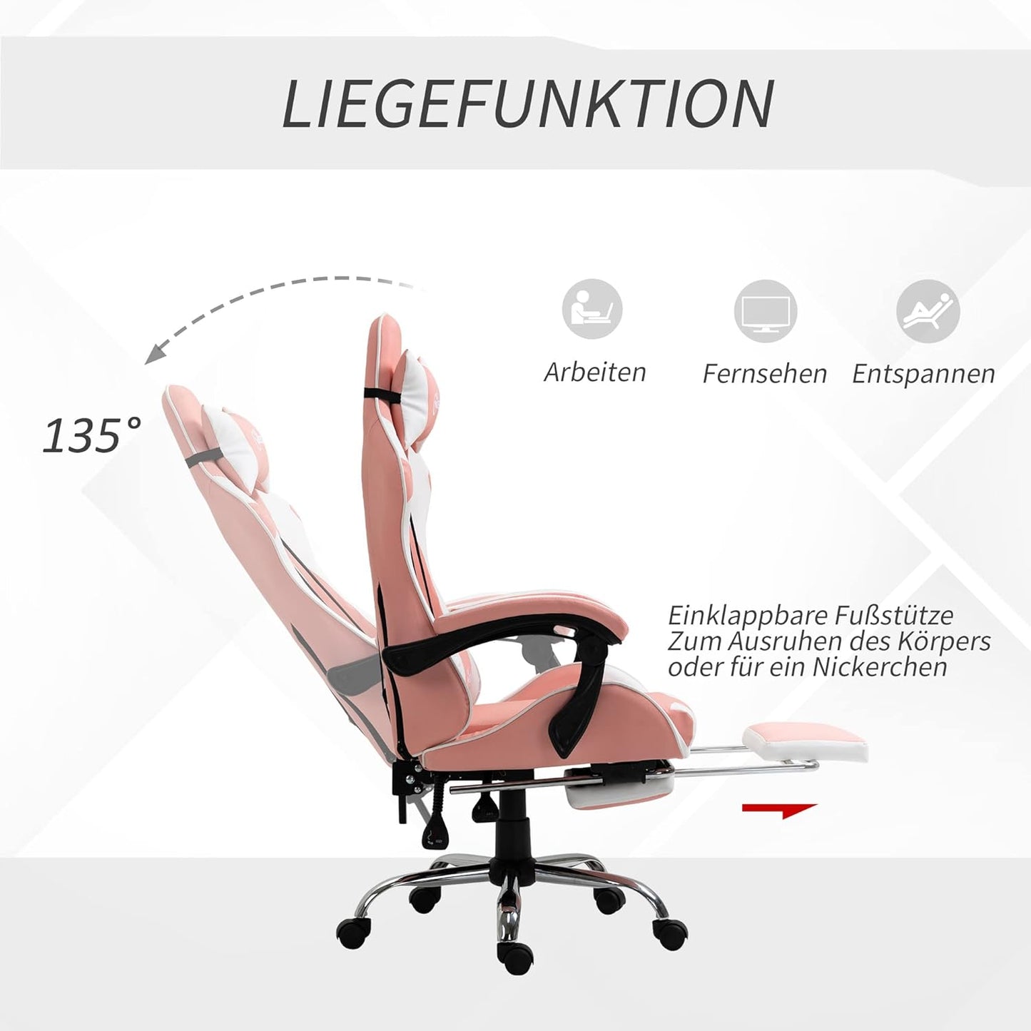 Vinsetto Gaming Chair, Ergonomic Office Chair with Headrest, Massage Lumbar Cushion, Footrest, Swivel Gaming Chair, PC Chair with Connecting Armrests, Tilt Function, Pink - QUORE