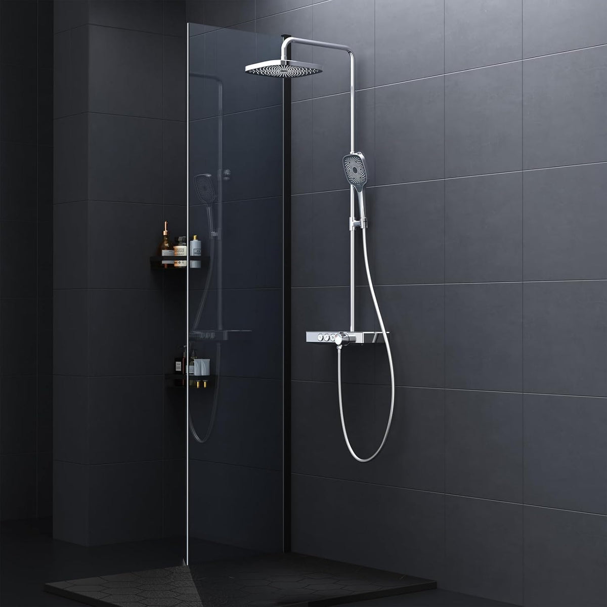 Thermostatische Douchekraan – Douche Set – Mengkraan – Douchesysteem – Regendouche – Glasplateau 36x14 cm – Watervaluitloop – 26x26 cm Regendouchekop