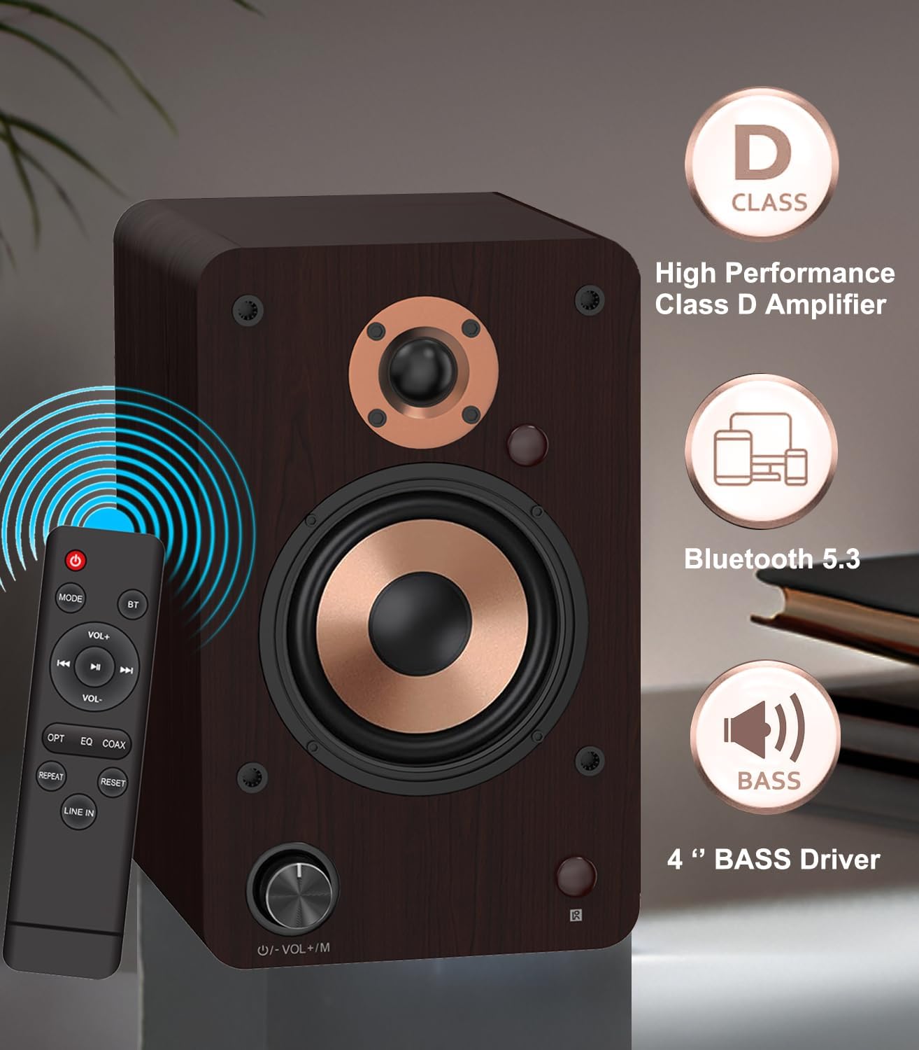 LONPOO Actieve plankluidspreker, 100 W RMS luidsprekermonitor, studio, aluminium woofer, 4 inch, RCA-connectiviteit, optisch, coaxiaal, Bluetooth 5.3, USB, AUX-in voor tv, pc en platenspeler (LP42M)