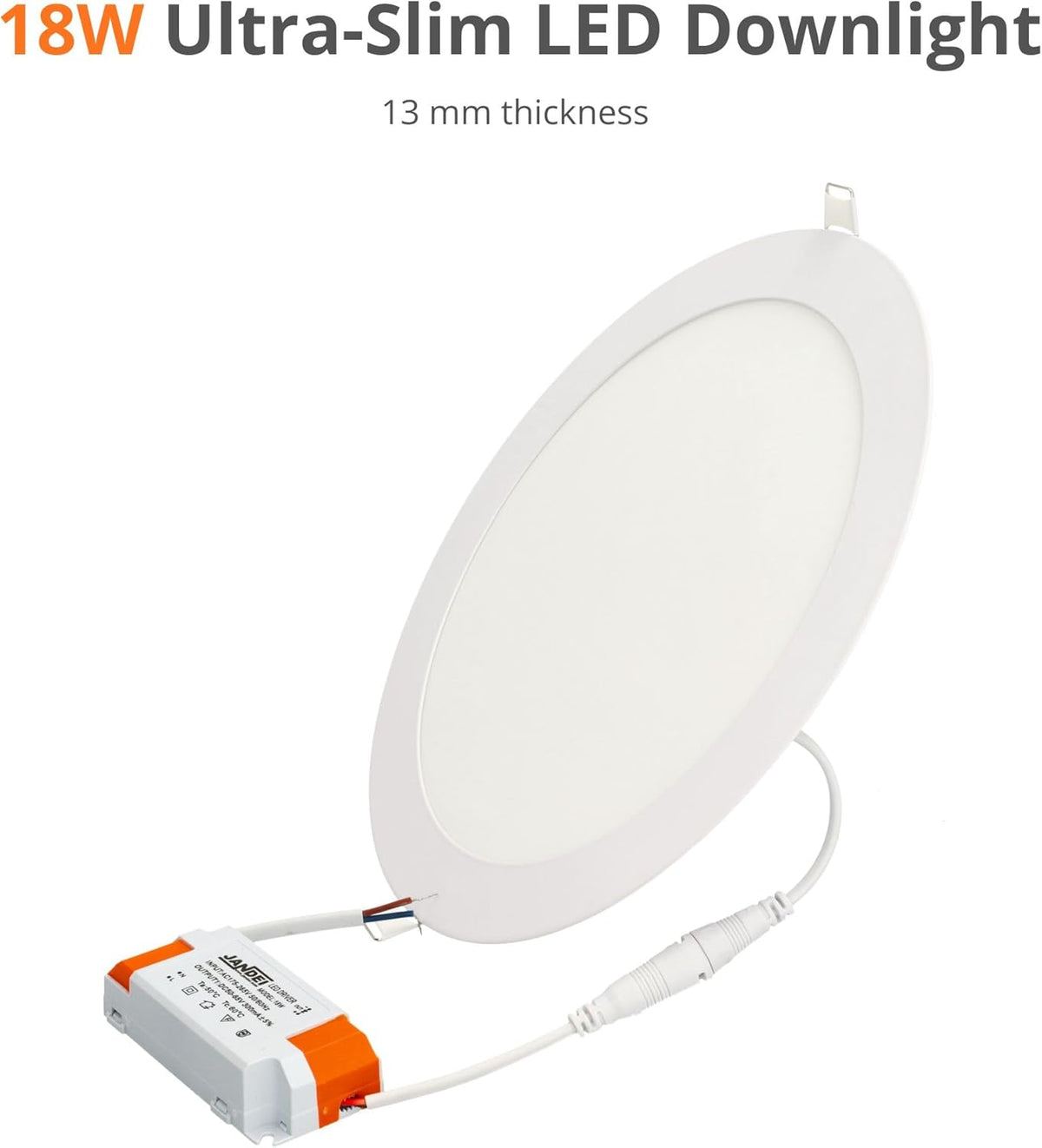 JANDEI - Set van 20 18W LED inbouw plafondlampen, downlights rond, plat, met mat witte aluminium ring, driver inbegrepen, koud wit licht 6000K