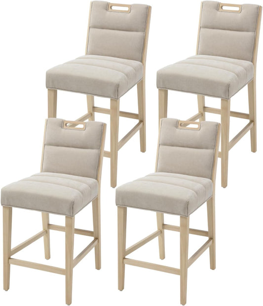 chairus Barkrukken Set van 4 Keuken Counter Kruk in Chenille Gestoffeerde Ontbijt Bar Stoelen met Houten Poten, Beige - QUORE