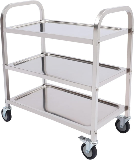Stainless Steel Serving Trolley, 3 Shelves, Kitchen Trolley, Countersunk Trolley 4 360° Rotatable Welding Wheels (2 x Brakeable), Roller Shelf, 25 kg Load Capacity Suitable for Dining Room, - QUORE