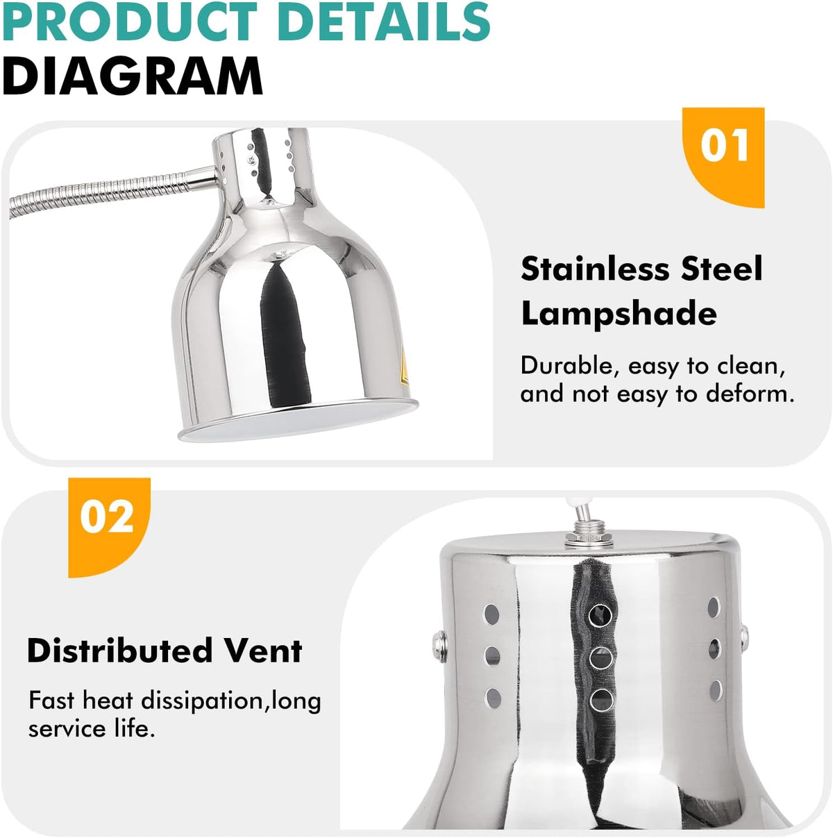 YJINGRUI Vrijstaande voedselverwarmingslamp, 2 x 250 W, zilver, buffet, levensmiddelen, verwarming, lamp met slang, rekbaar tot 70 cm, voor buffet, keuken, restaurant (dubbele lampen)