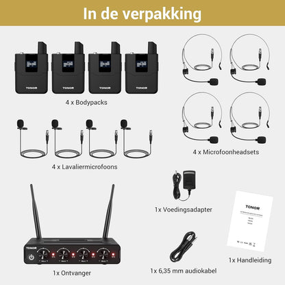 TONOR UHF Microfoon Draadloze Set met 4 Bodypack Zender/Koptelefoon/Lavalier Draadloos Microfoonsysteem, 4x5 Frequenties 60m Bereik Microfoonset voor Zang Karaoke Kerk DJ PA Systeem Luidspreker,TW364