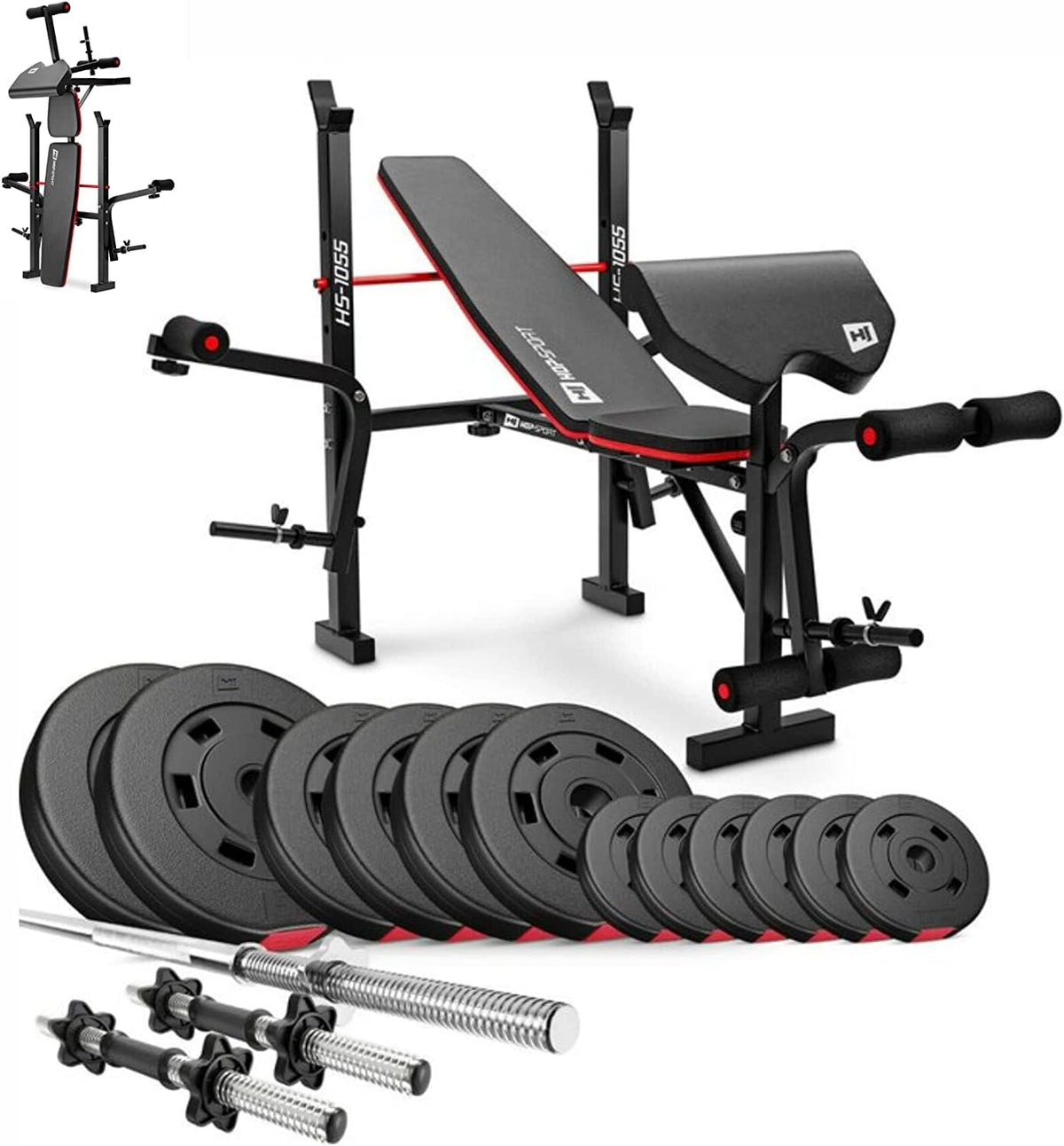 Hop-Sport Adjustable Fitness Bench HS-1055 with Curlpult, Butterfly and Leg Curler incl. 38 kg - 130 kg Dumbbell Set of Choice Long and Curl Bar - QUORE