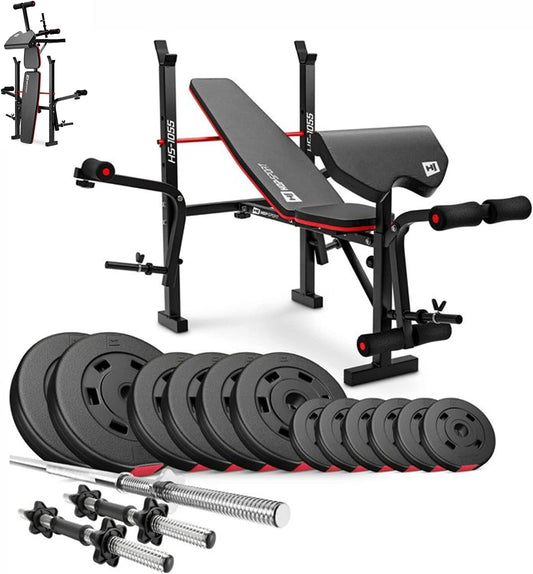 Hop-Sport Adjustable Fitness Bench HS-1055 with Curlpult, Butterfly and Leg Curler incl. 38 kg - 130 kg Dumbbell Set of Choice Long and Curl Bar - QUORE