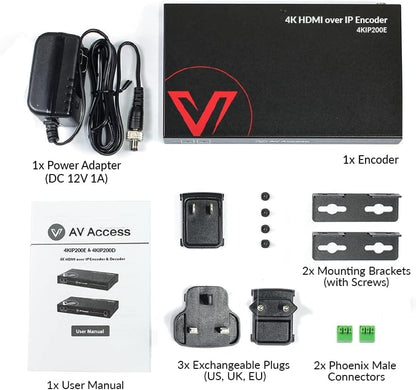 AV Access 4K HDMI Extender over TCP/IP, AV Over IP Encoder met Videowall tot 8X8, 395ft (120m), Plug & Play zonder configuratie, Visuele controle, Videomatrix, PoE, RS-232 (4KIP200E)
