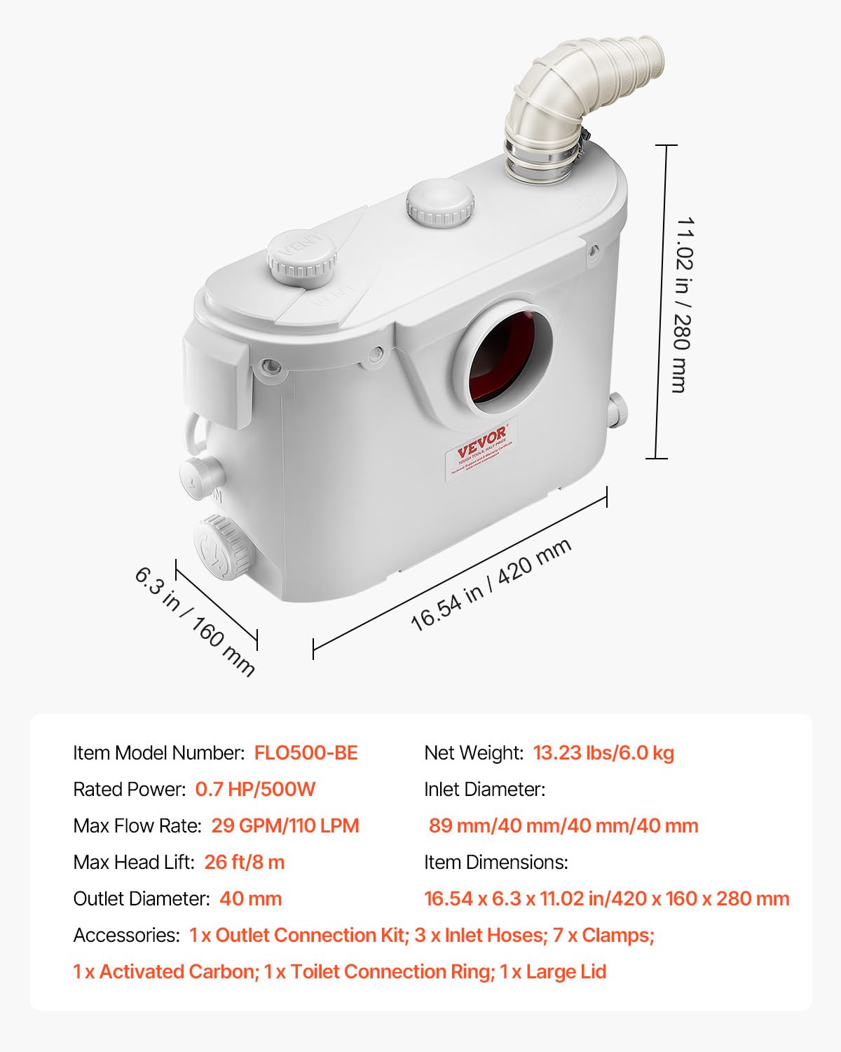 VEVOR 500 W Toilet Reducer Pump 8 m with 4 Water Inputs, Wastewater Drainage Machine for Toilet, Basement, Shower, Washbasin, Laundry