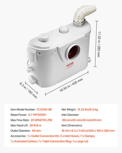 VEVOR 500 W Toilet Reducer Pump 8 m with 4 Water Inputs, Wastewater Drainage Machine for Toilet, Basement, Shower, Washbasin, Laundry