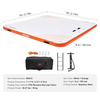 VEVOR Opblaasbaar zwemdok, 2,13 x 2,13 m, opblaasbaar dockplatform, antislip water-zwemdockmat met draagbare draagtas en afneembare ladder, zwemplatform-eilandvlot voor zwembad