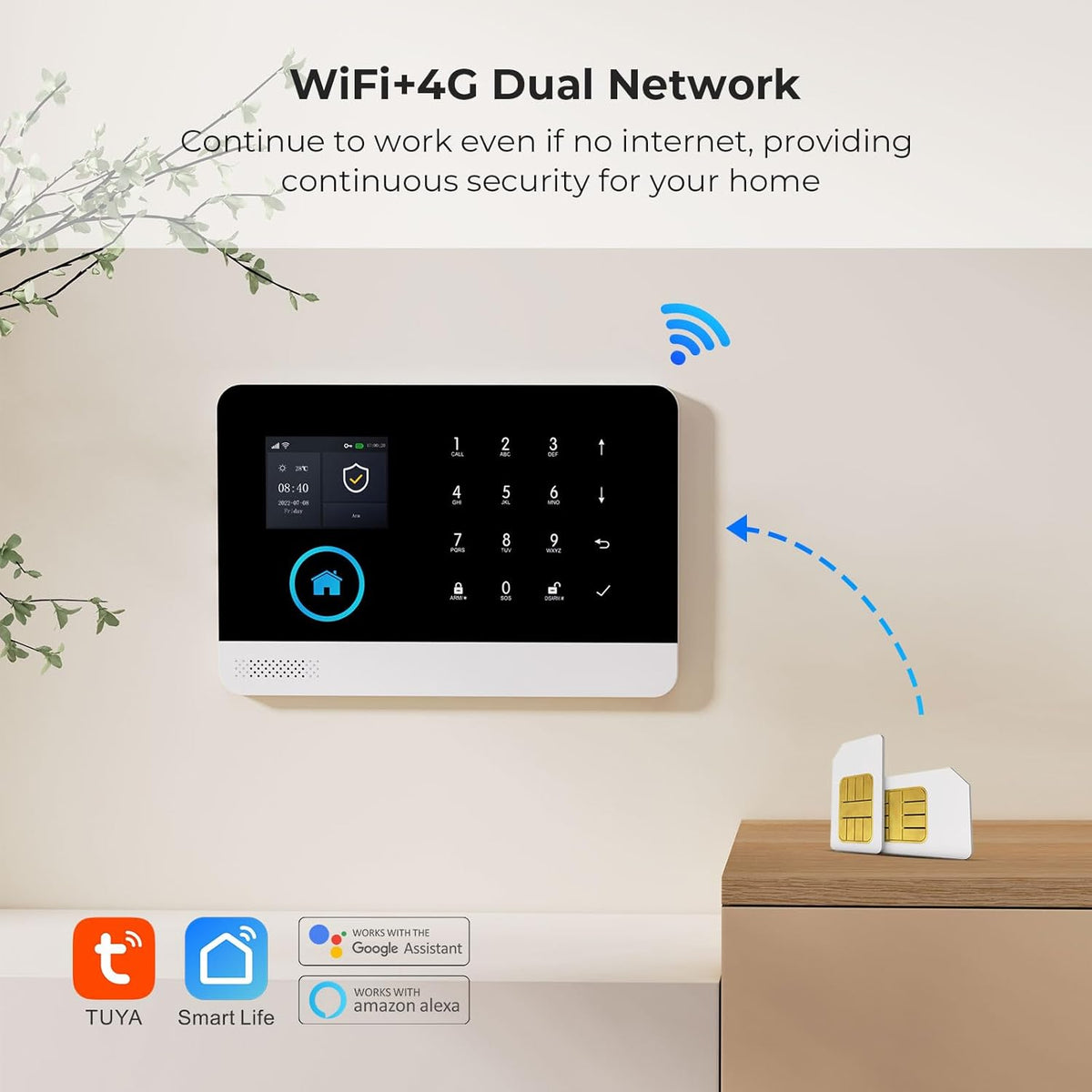 XNY WiFi Thuisbeveiligingssystemen, Draadloos 4G-alarmsysteem voor Thuisbeveiliging met APP-waarschuwing, 21-delig Pakket, Bewegingsdetector, Deur-raamsensor, Sirene, Werkt met Amazon Alexa en Google
