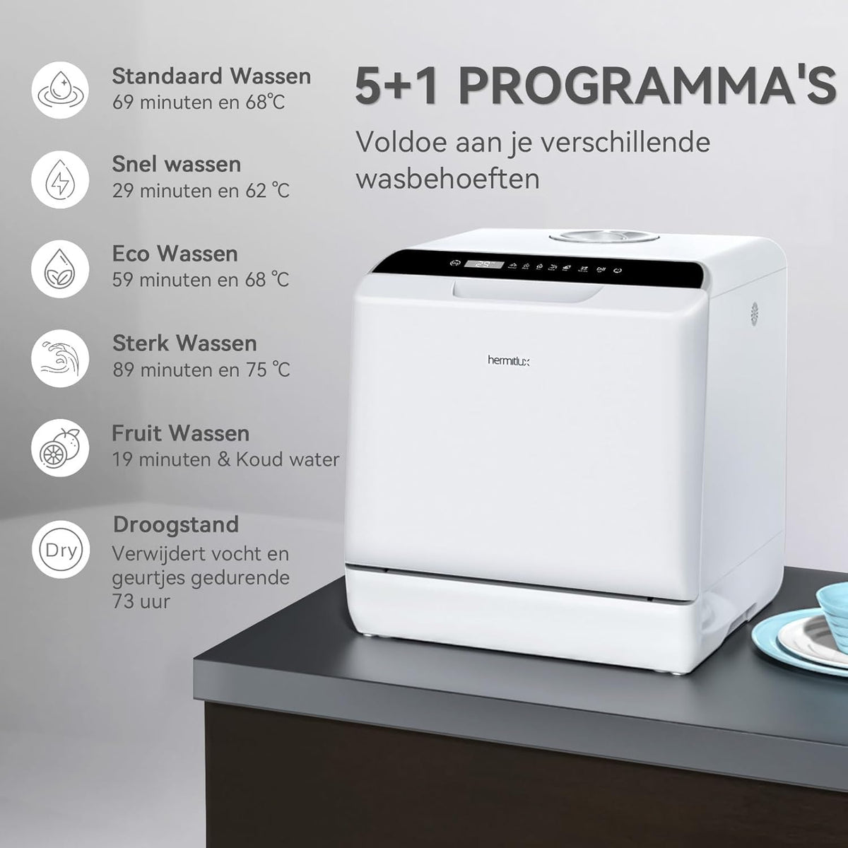 Mini-vaatwasser tafelvaatwasser, te gebruiken met en zonder wateraansluiting, 43 cm breed, plaats voor 4 couverts, te gebruiken op de camping, 175 kWh/jaar, wit