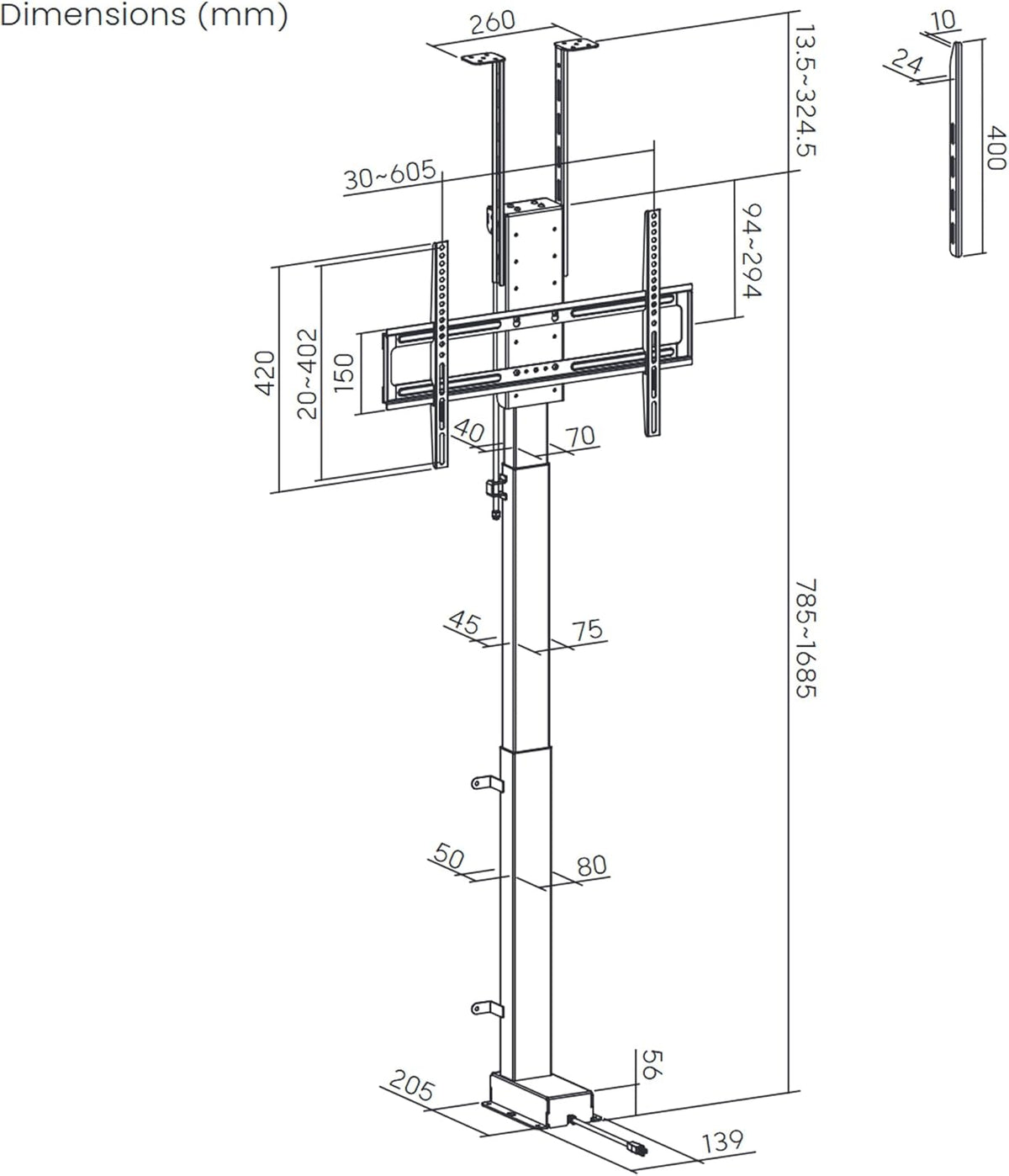 EasyLife Gemotoriseerde TV-Lift Voor Montage Op De Vloer, Aan Het Plafond of In Een meubel – Smart Home-Bediening Met Op- En Neerfunctie met Afstandsbediening, 37-65inch tot 60KG, VESA 600x400 - Zwart