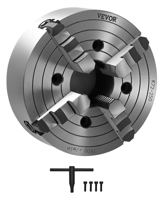 VEVOR 4 jaw lathe holder, 250 mm, lathe chuck, 15-250 mm clamping range with T-key fixing screws, reversible jaw, HT300 cast iron, internal external for wood-metal lathe