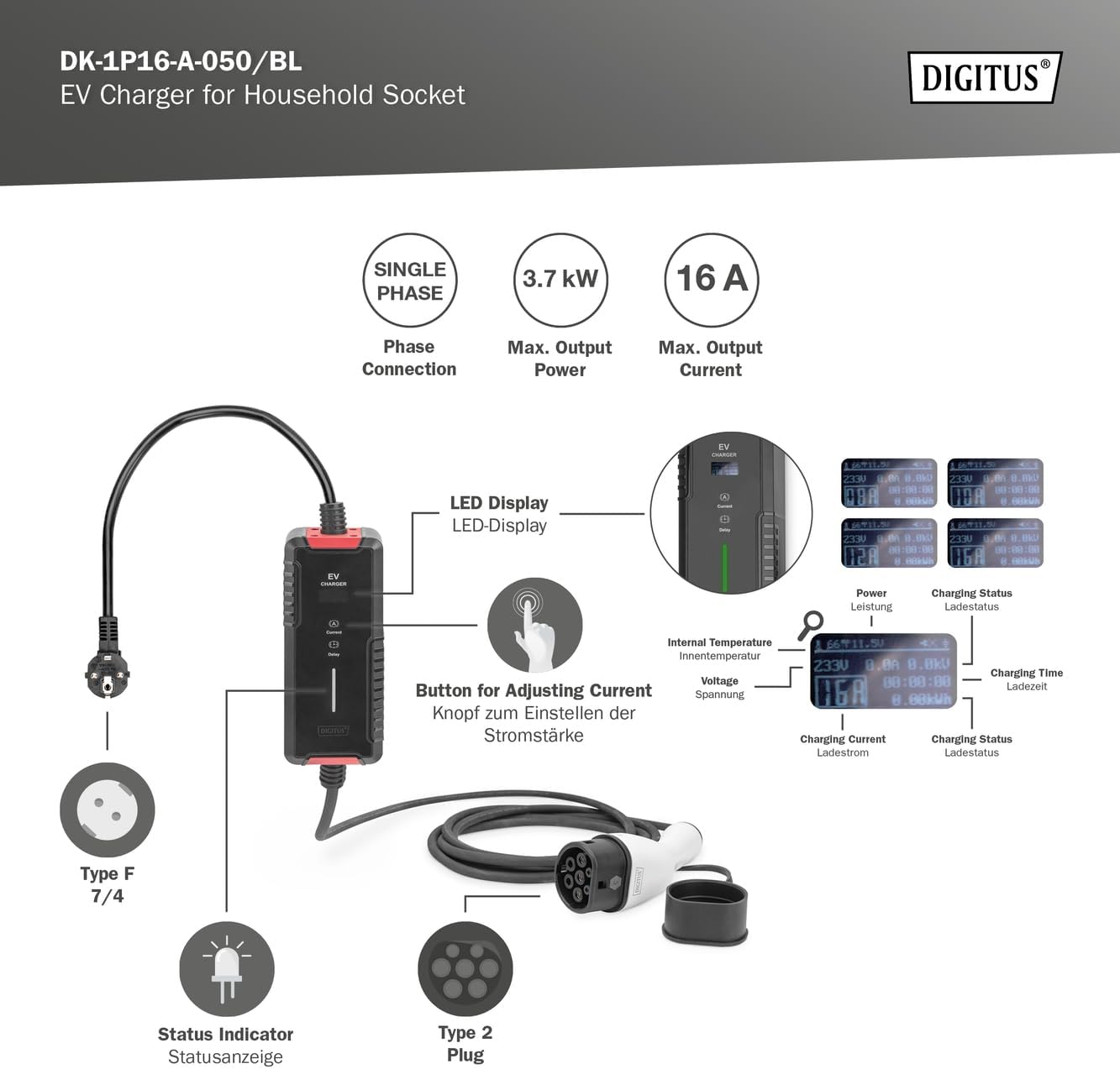 DIGITUS Lader voor elektrische voertuigen - 1-fase - regelbaar laadvermogen max. 3,7 kW - type 2 stekker - 5 m laadkabel - mode 2 - LCD-display - Zwart