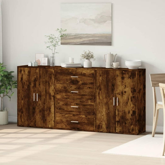 Tidyard Sideboards 3 Pieces Chest of Drawers Side Cabinet Dresser Living Room Cupboard Storage Cabinet Standing Cupboard Multifunctional Cabinet File Cabinet Smoke Oak 60 x 31 x 84 cm Wood - QUORE