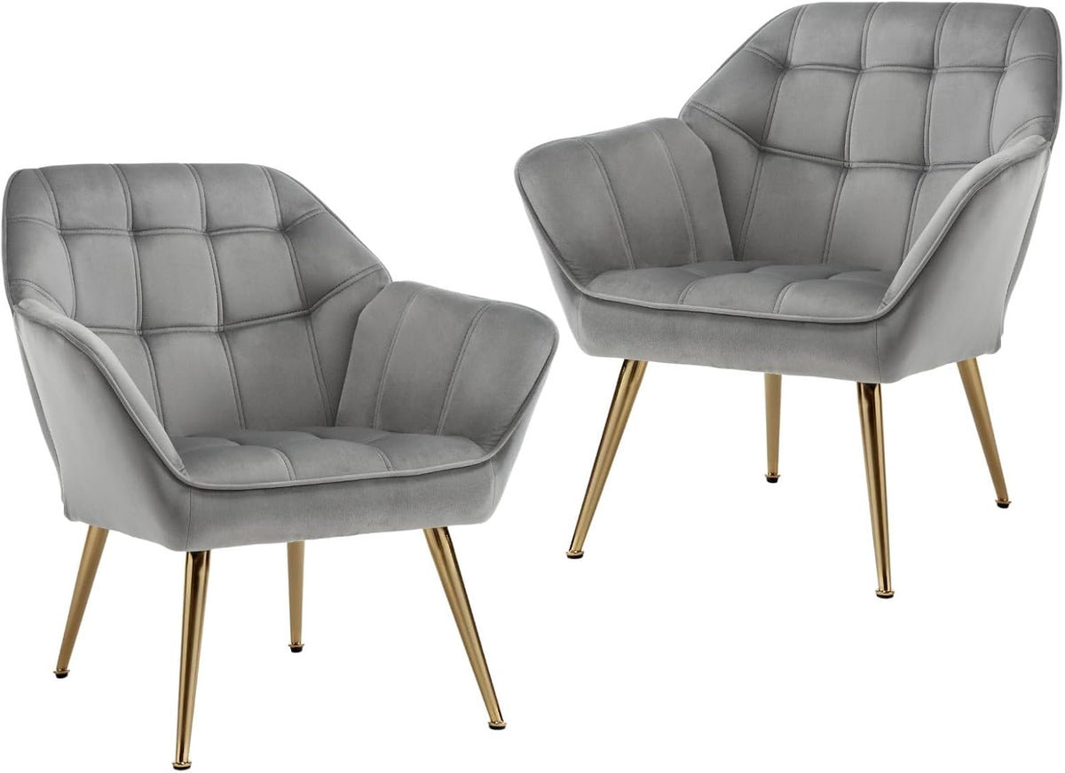 Fluwelen Tub Stoelen – Fauteuils – Fluwelen Stoelen – Relaxstoelen – Zithoeken – Grijs – Set Van 2 – Goudkleurige Metalen Pootjes – Hoog Zitcomfort