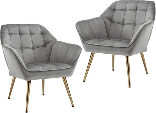 Fluwelen Tub Stoelen – Fauteuils – Fluwelen Stoelen – Relaxstoelen – Zithoeken – Grijs – Set Van 2 – Goudkleurige Metalen Pootjes – Hoog Zitcomfort