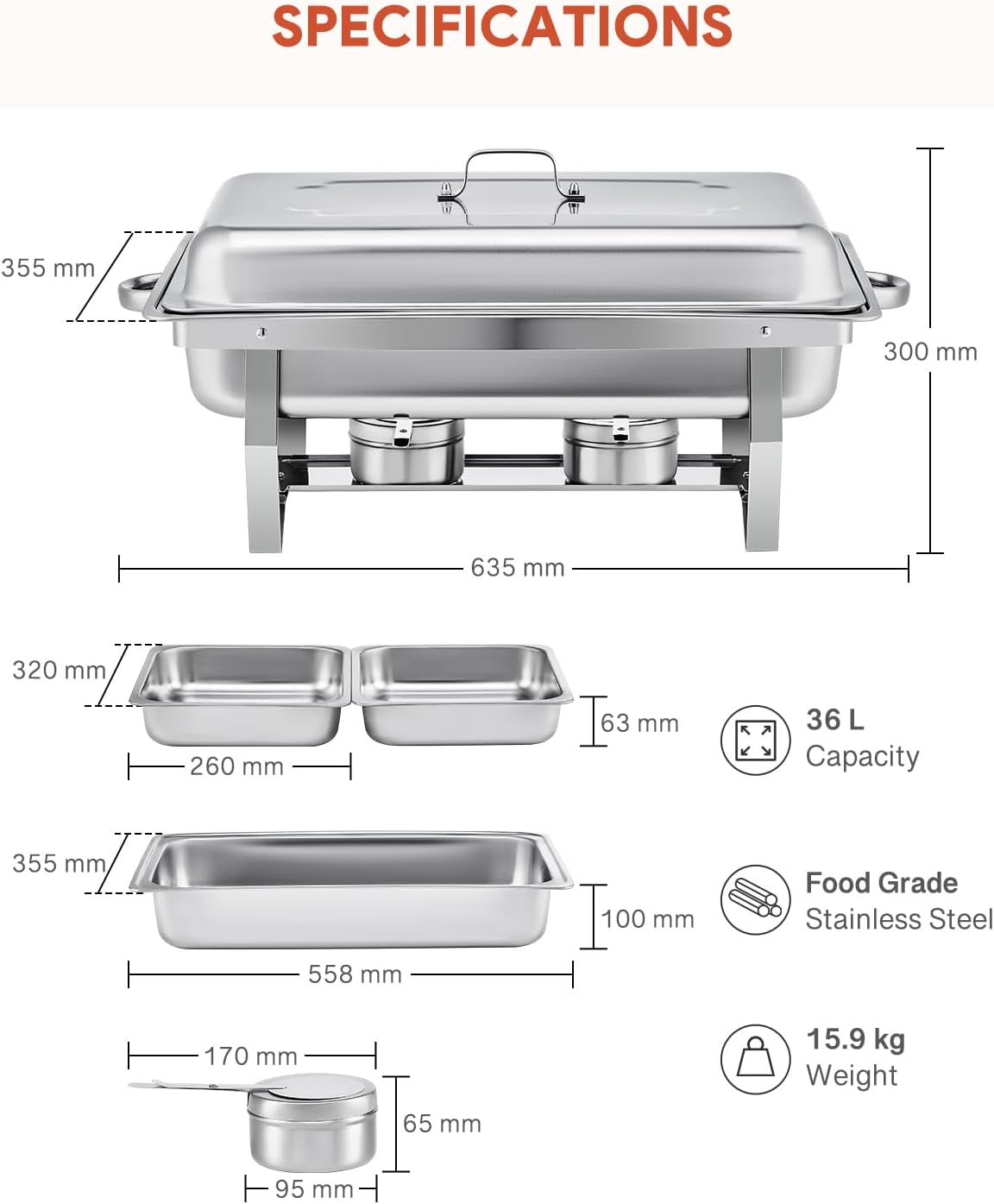 Wilprep Verdeelbakken chafing dish set van 2 bakken GN 1/2 RVS, 4 stuks 9L buffetwarmers met 8 halve maat bakken, brandpasta houders, 4 deksel opvouwbare frames, voor feesten buffetten diners