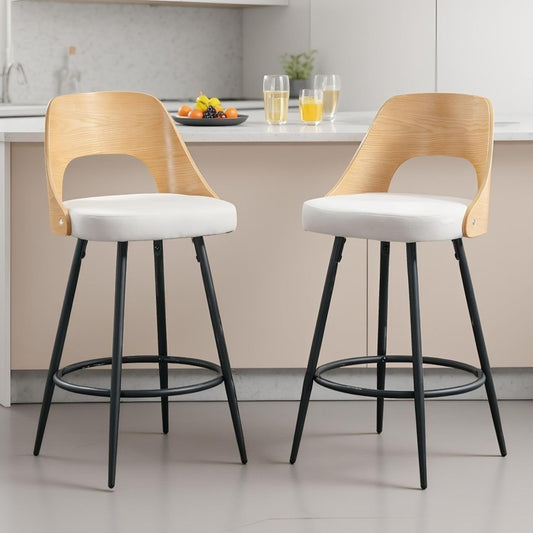 Barkrukken – Barkruk – Kruk – Eetkamerstoel – Keukenstoel – Beige Linnen Bekleding – Houten Rugleuning – Metalen Poten – Comfortabele Zitting - QUORE