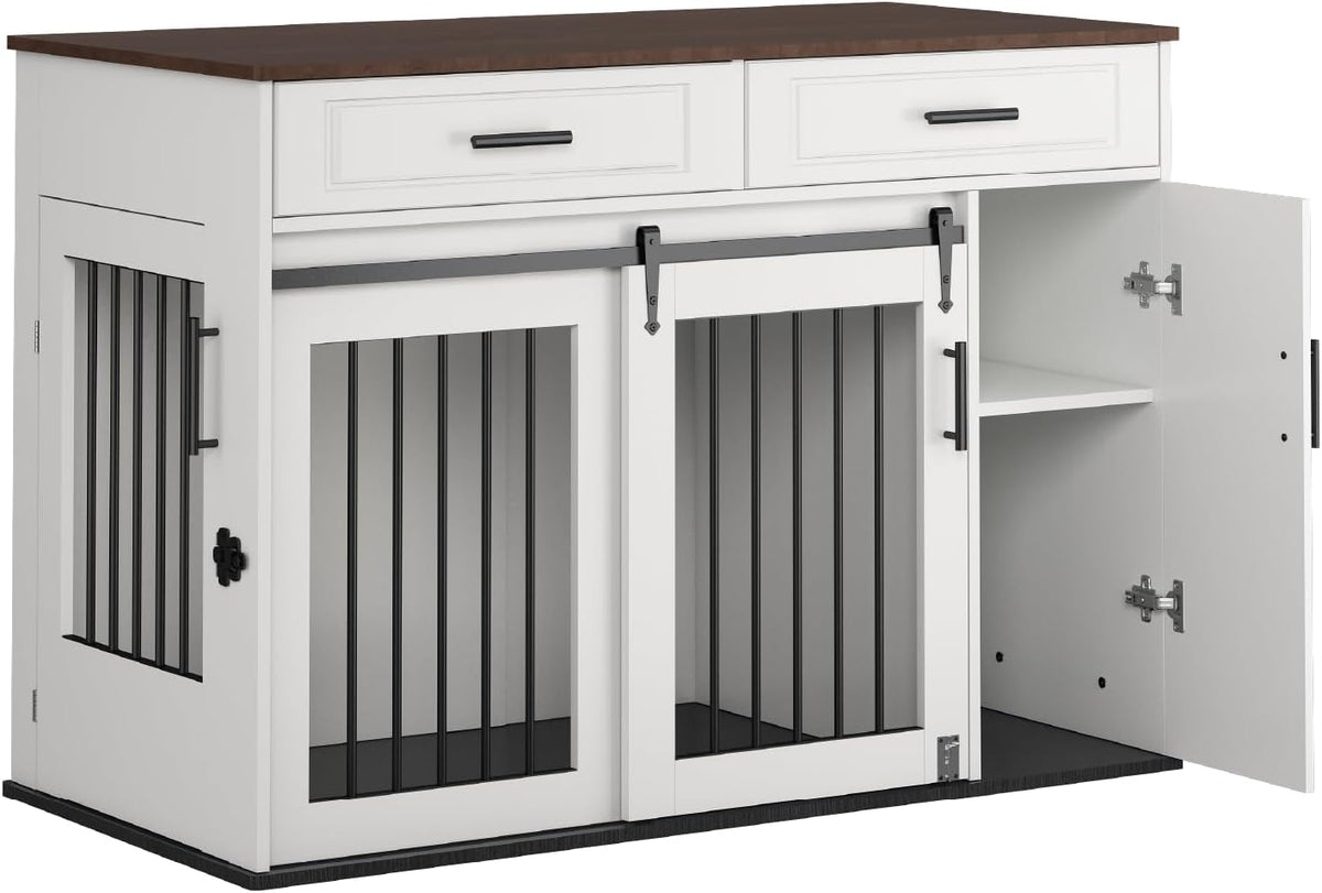Meubelstuk voor hondenhok, groot, van hout, met schuifdeuren, laden en kast, hondenhuis met slot, binnen, tafel, wit