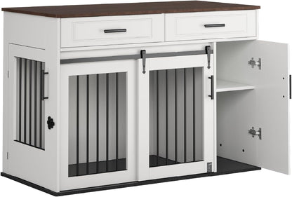 Meubelstuk voor hondenhok, groot, van hout, met schuifdeuren, laden en kast, hondenhuis met slot, binnen, tafel, wit