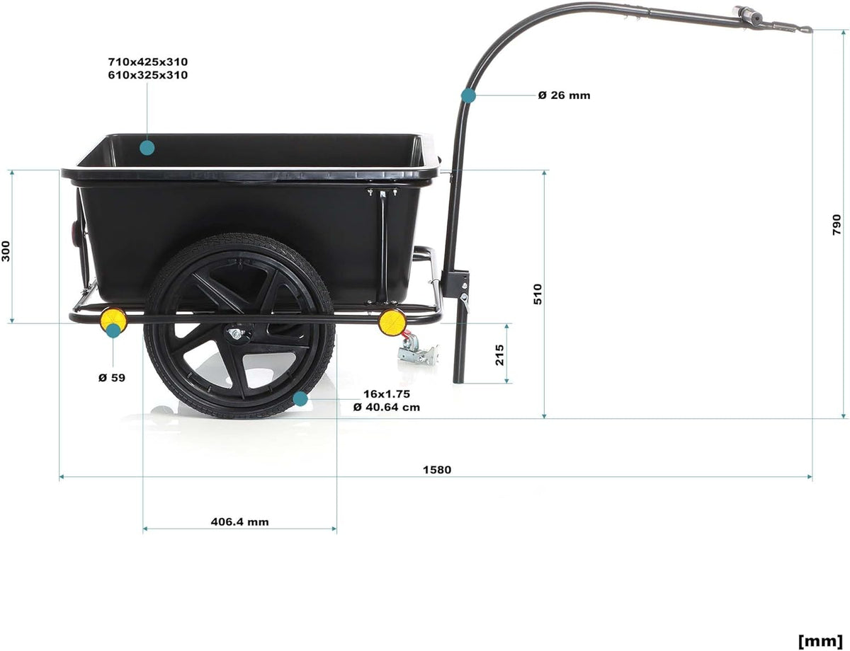 Wiltec fietskar tot 80 kg met koppeling en luchtbanden, zwarte fietsaanhanger 90 liter voor transport, fietsaanhangwagen met uitneembare bak