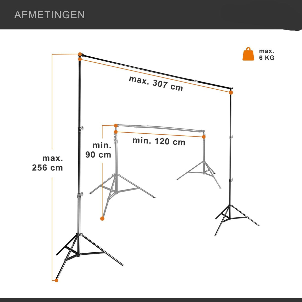 Walimex Pro telescopische hondensysteem (traploos uittrekbaar van ca. 120 – 307 cm, incl. 2 x WT-806 lampstatieven en praktische transporttas), Single, zwart, 120-307cm