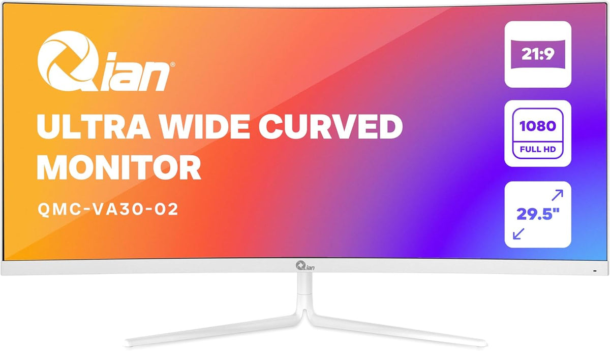 Gebogen Qian 30" Monitor Ultra-Wide FHD | 2560x1080 | VA-paneel | Beeldverhouding 21:9 | Adaptive Sync | 200 Hz | Reactietijd 10ms | Verstelbaar | VESA | HDMI 2.0 / DisplayPort 1.4 | QMC-VA30-02
