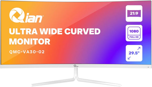 Gebogen Qian 30" Monitor Ultra-Wide FHD | 2560x1080 | VA-paneel | Beeldverhouding 21:9 | Adaptive Sync | 200 Hz | Reactietijd 10ms | Verstelbaar | VESA | HDMI 2.0 / DisplayPort 1.4 | QMC-VA30-02