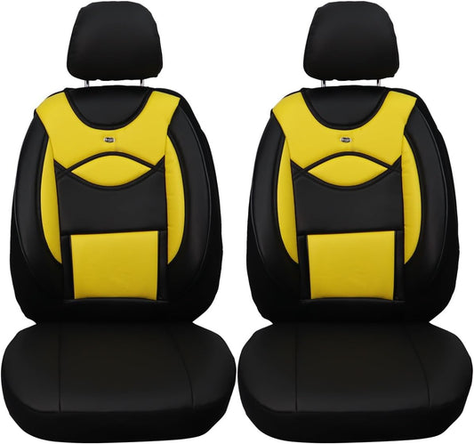 BREMER SITZBEZÜGE Autostoelhoezen van kunstleer, compatibel met VW Golf 4 bestuurders en passagiers vanaf 1997-2006, textielleer, set van 2 autostoelhoezen in zwart/geel (D105)