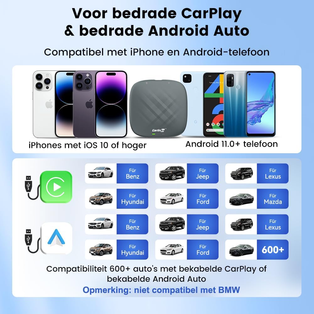 CarlinKit Multimedia 3 in1 AIBox Android 13.0 Systeem Draadloze CarPlay Adapter, voor Auto's met Wired CarPlay/Android Auto, Ondersteuning Netflix YouTube ect