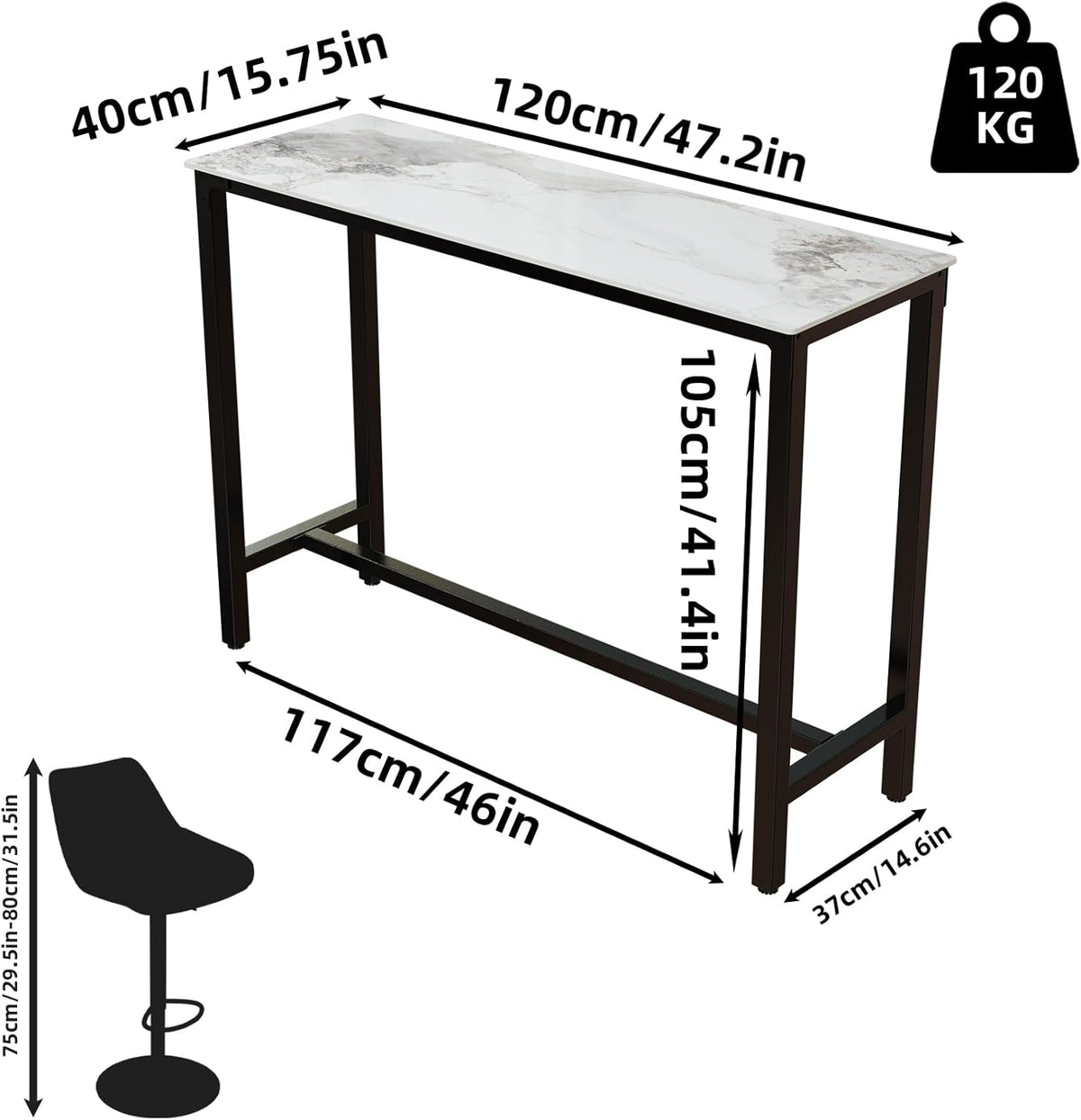 FATIVO Bartafel, smaragd, wit, bistrotafel, marmer, statafel, keuken, keukentafel, rechthoekig, smal, met zwart metalen frame, voor keuken, woonkamer, eetkamer, 120 x 40 x 105 cm