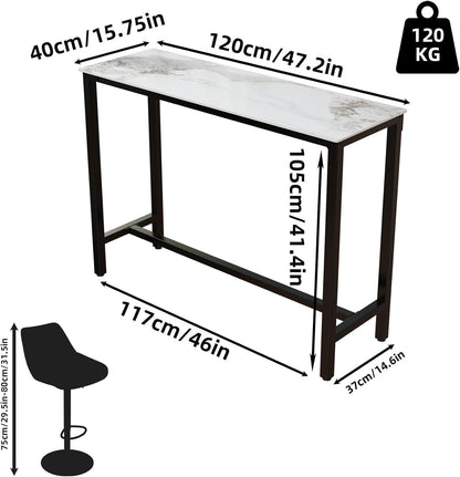 FATIVO Bartafel, smaragd, wit, bistrotafel, marmer, statafel, keuken, keukentafel, rechthoekig, smal, met zwart metalen frame, voor keuken, woonkamer, eetkamer, 120 x 40 x 105 cm