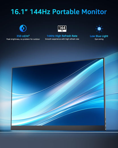 Yodoit 144Hz draagbare monitor, 16,1 inch 1920 × 1080P FHD-scherm met hoge verversingssnelheid, IPS-scherm met USB Type C-poort en ingebouwde luidsprekers, met Smart Cover, compatibel met pc, laptop