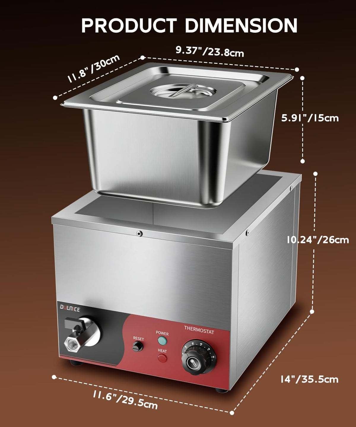 Bain Marie Elektrisch GN 1/2 met reset, elektrische voedselverwarmer, 600 W, roestvrij staal, met afvoerkraan voor feestjes, catering en restaurants, 30-85 °C