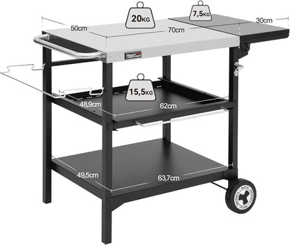 Royal Gourmet Outdoor grilltafel, 3 etages, serveerwagen met 70 x 50 cm roestvrij stalen tafelblad en 30 x 50 cm inklapbaar zijplank, bijzettafel, barbecuetafel, tuintrolley met push-pull-rek