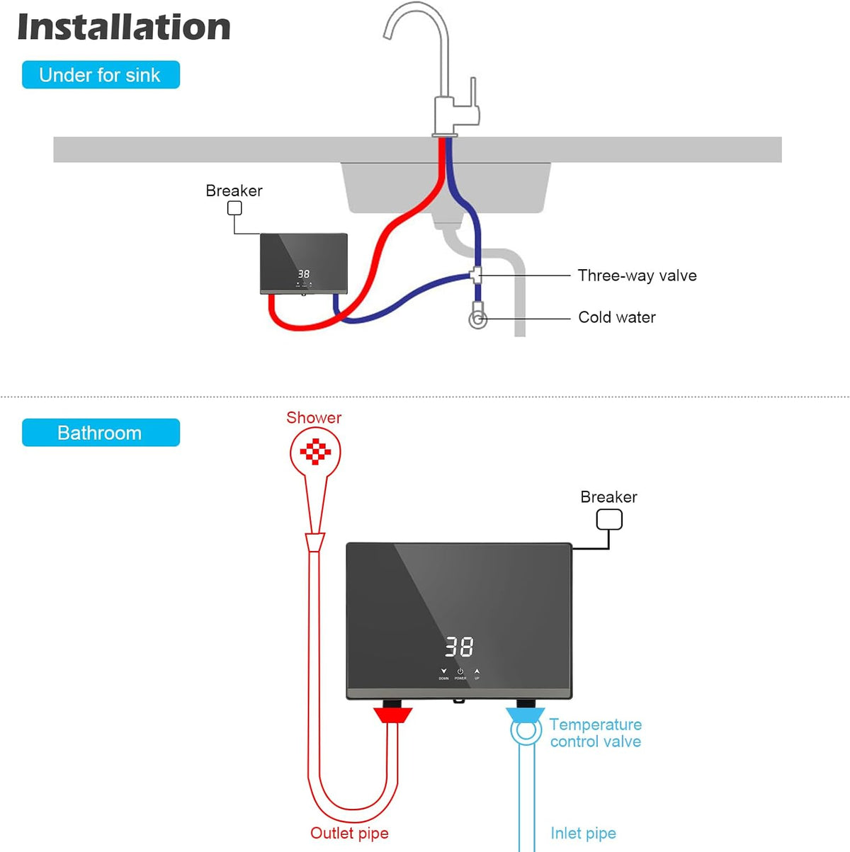 Ownant Mini-doorstroomboiler, elektrische doorstroomboiler, 5500 W, 220 V, mini-instant boiler, doorstroomboiler, tank voor badkamer, keuken (zwart, 5500 W met doucheset)
