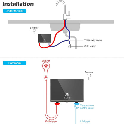 Ownant Mini-doorstroomboiler, elektrische doorstroomboiler, 5500 W, 220 V, mini-instant boiler, doorstroomboiler, tank voor badkamer, keuken (zwart, 5500 W met doucheset)