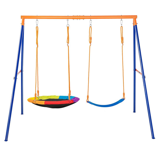 VEVOR JX-SW02 Achtertuin, 420 lbs draagvermogen, set met 1 schotel, 1 gordelstoel, robuuste A-frame metalen schommelstandaard en verstelbaar touw, schommelset voor buiten, blauw