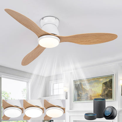 LJX Slimme plafondventilatoren Alexa Compatible Moderne Witte Ventilatorlampen met Houtnerf Ontwerp WiFi Stille Omkeerbare 6-Speed Dimbaar voor Slaapkamer Woonkamer