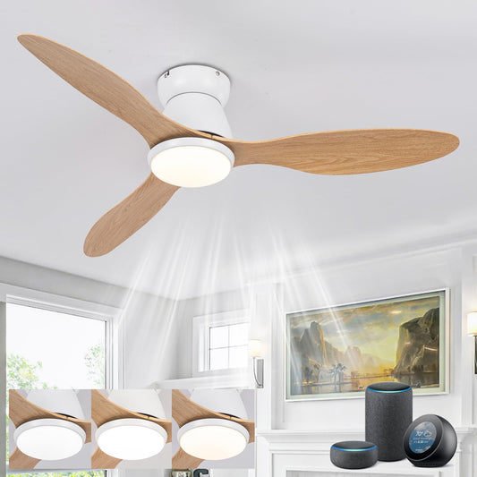 LJX Slimme plafondventilatoren Alexa Compatible Moderne Witte Ventilatorlampen met Houtnerf Ontwerp WiFi Stille Omkeerbare 6-Speed Dimbaar voor Slaapkamer Woonkamer