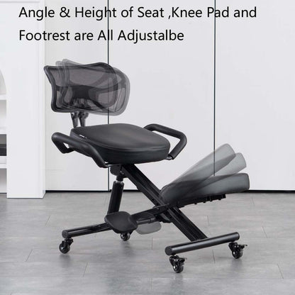 Knielstoel met rugleuning Ergonomisch voor kantoor, Verstelbare kruk met schuine zitting voor een betere houding, Dikke comfortabele kussens, Zwart