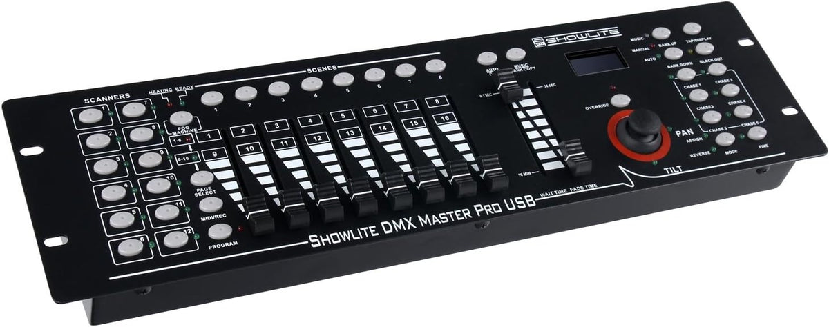 Showlite Master Pro 192-kanaals DMX-controller (voor professionele lichtsturing, USB-aansluiting voor gegevensopslag, max. 240 scènes geheugen, Midi-input: 5-polige standaardinterface)
