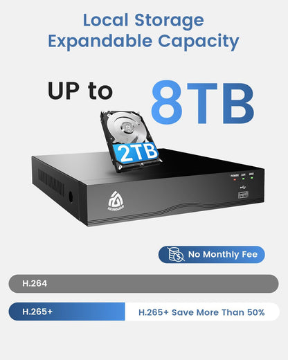 4K PoE NVR 8-kanaals CCTV-camerasysteem Network Video Recorder met 2TB-harde Schijf Ondersteunt 8MP 5MP 2MP IP-camera, Veiligheid 24/7 Opname, Werken met AKINGUAR PoE-camera's