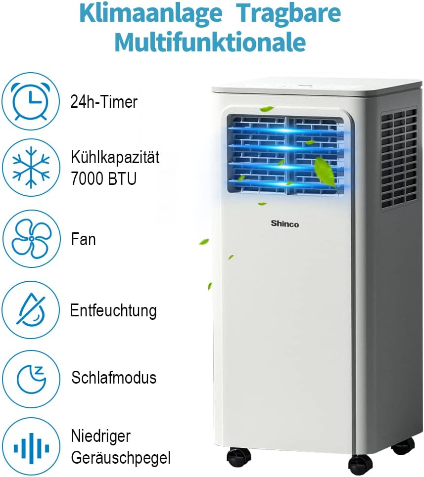 SHINCO 7000BTU Draagbare airconditioning met 3-in-1 functie, airconditioning, luchtontvochtiger, ventilator, slaapmodus, voor maximaal 18 m², 24-uurs timer, 2 raamsets