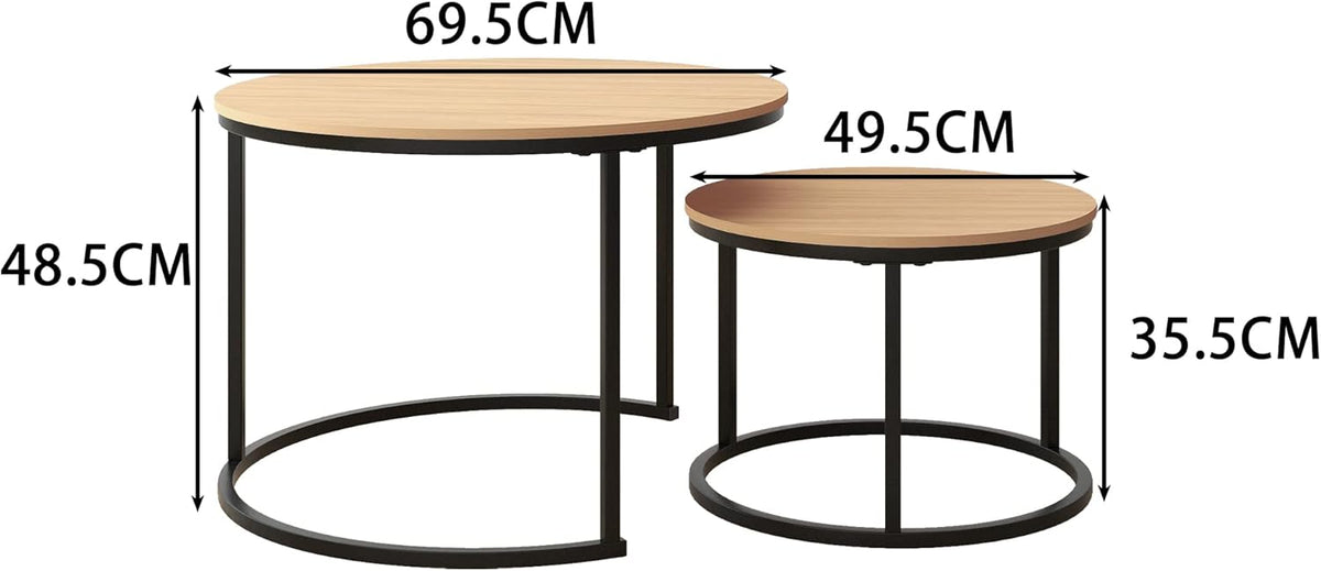HOJINLINERO Zwarte ronde salontafel set van 2 bijzettafels voor woonkamer, 69,5 x 49 cm industriële stapelen eindtafels, houtlook accentmeubilair met metalen frame eindtafel voor slaapkamerdecoraties,