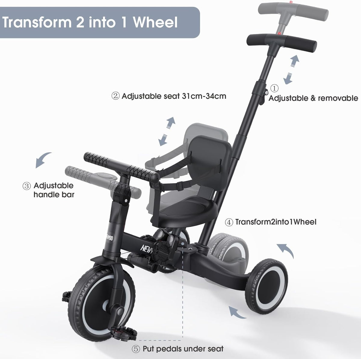 newyoo Tricycle 5 en 1, draisienne à partir de 1 an, avec barre de poussée, pour enfants à partir de 1, 2, 3 ans, avec pédales amovibles et siège réglable, Zwart